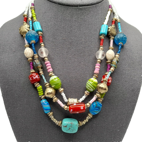 Chico's Lampwork Art Bead Necklace, Three Strands, 20" - Picture 2 of 13
